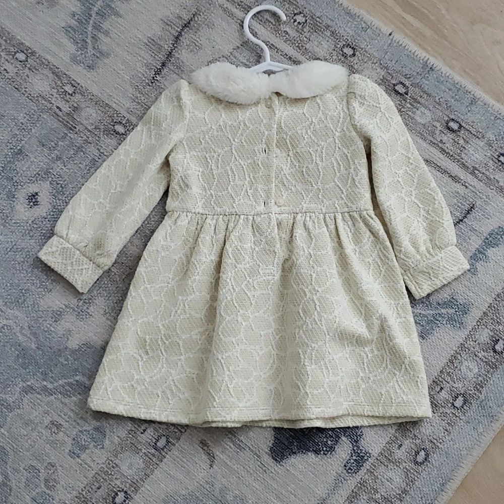 Janie And Jack Baby Girls Metallic Faux Fur Collar Dress Cream Gold Sz12-18m